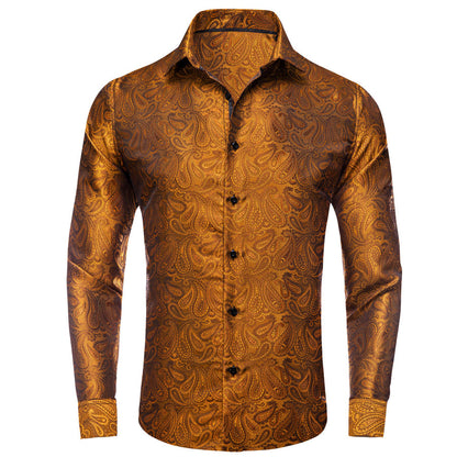 Bronze Brown Paisley Silk Dress Shirt shirt S   - Sophisticated Gentlemen
