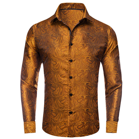 Bronze Brown Paisley Silk Dress Shirt shirt S   - Sophisticated Gentlemen
