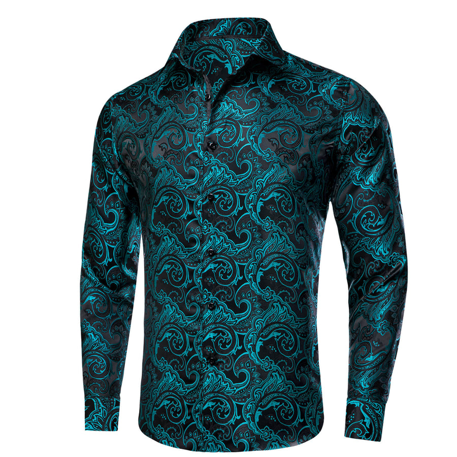 Black Teal Paisley Jacquard Woven Silk Dress Shirt shirt    - Sophisticated Gentlemen
