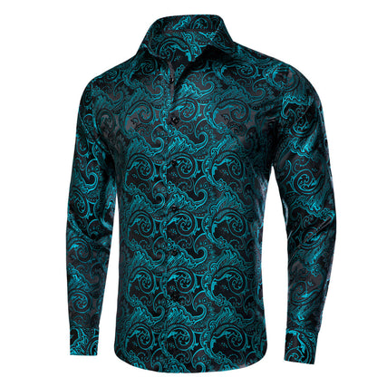 Black Teal Paisley Jacquard Woven Silk Dress Shirt shirt    - Sophisticated Gentlemen