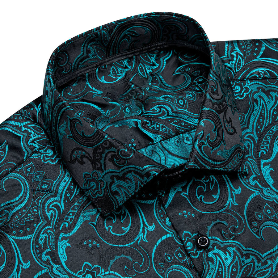 Black Teal Paisley Jacquard Woven Silk Dress Shirt shirt    - Sophisticated Gentlemen