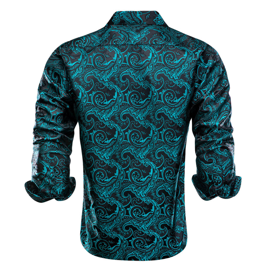 Black Teal Paisley Jacquard Woven Silk Dress Shirt shirt    - Sophisticated Gentlemen