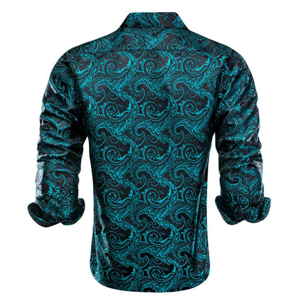 Black Teal Paisley Jacquard Woven Silk Dress Shirt shirt    - Sophisticated Gentlemen