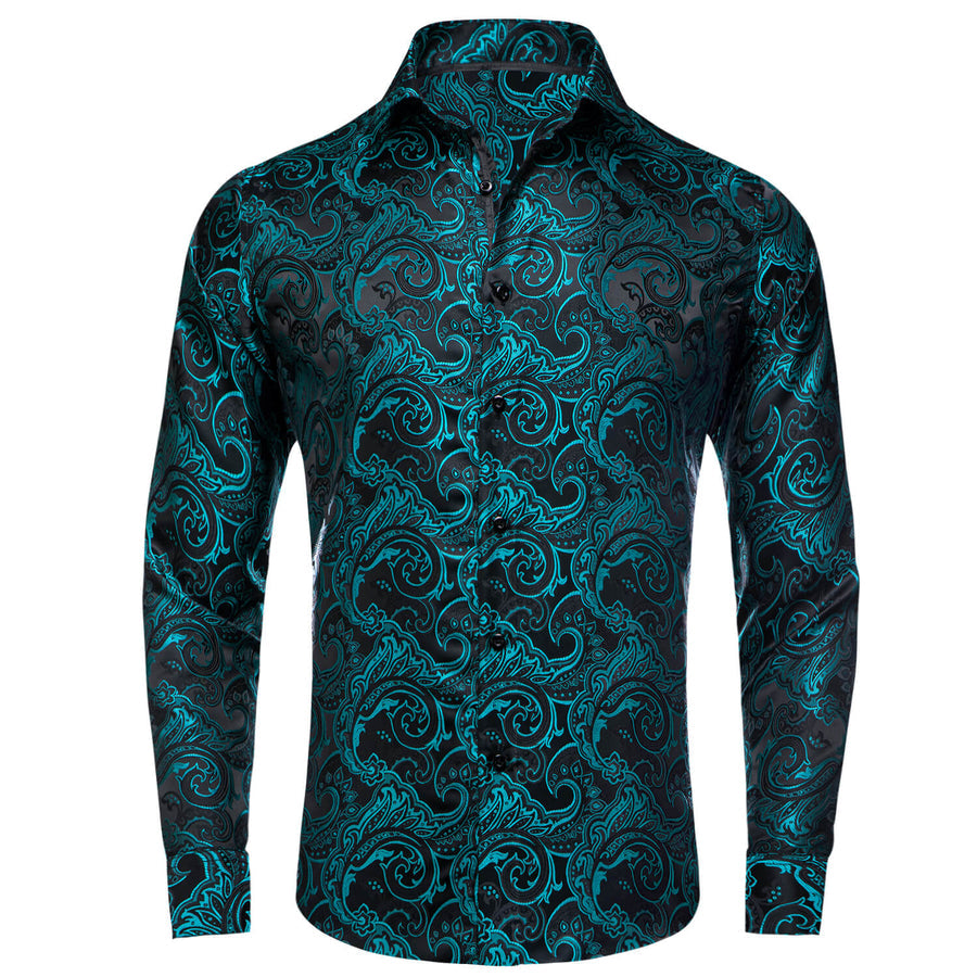 Black Teal Paisley Jacquard Woven Silk Dress Shirt shirt S   - Sophisticated Gentlemen