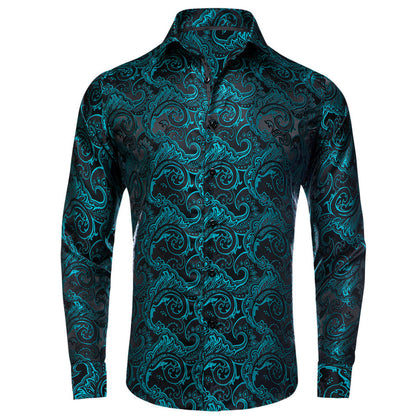 Black Teal Paisley Jacquard Woven Silk Dress Shirt shirt S   - Sophisticated Gentlemen