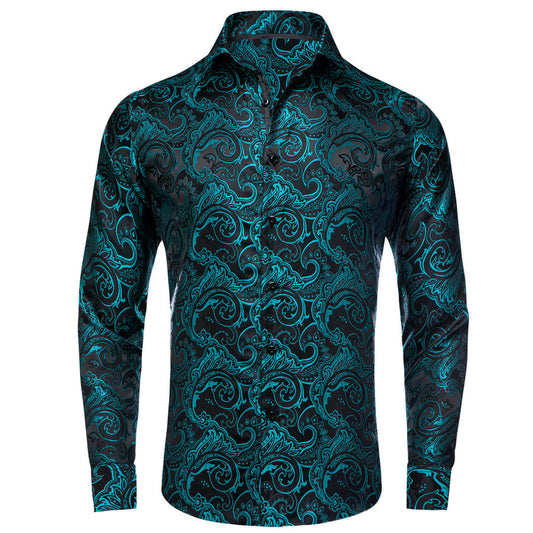 Black Teal Paisley Jacquard Woven Silk Dress Shirt shirt S   - Sophisticated Gentlemen