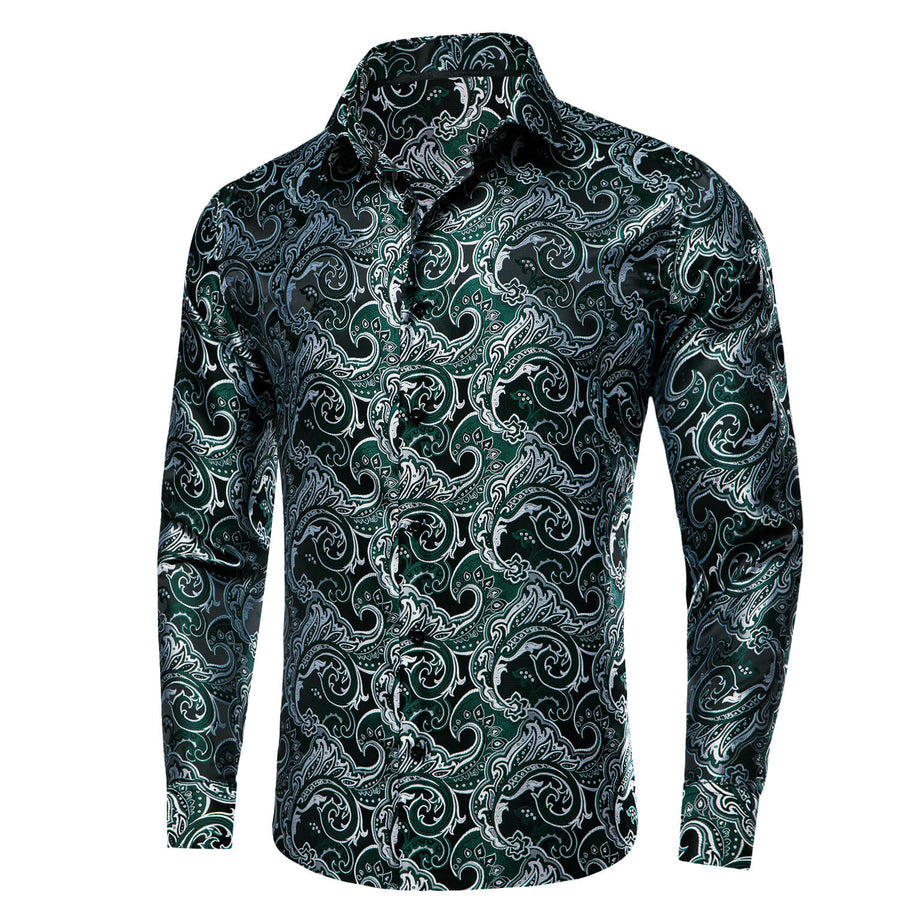 Sapphire Pine Green Silver Jacquard Floral Silk Dress Shirt shirt    - Sophisticated Gentlemen