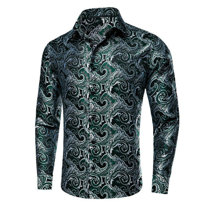 Sapphire Pine Green Silver Jacquard Floral Silk Dress Shirt shirt    - Sophisticated Gentlemen