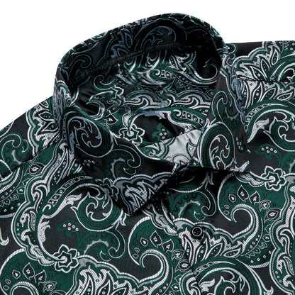 Sapphire Pine Green Silver Jacquard Floral Silk Dress Shirt shirt    - Sophisticated Gentlemen