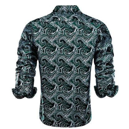 Sapphire Pine Green Silver Jacquard Floral Silk Dress Shirt shirt    - Sophisticated Gentlemen