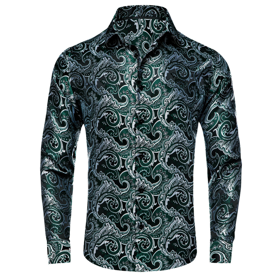 Sapphire Pine Green Silver Jacquard Floral Silk Dress Shirt shirt S   - Sophisticated Gentlemen