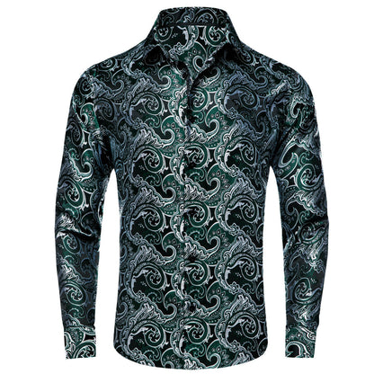 Sapphire Pine Green Silver Jacquard Floral Silk Dress Shirt shirt S   - Sophisticated Gentlemen