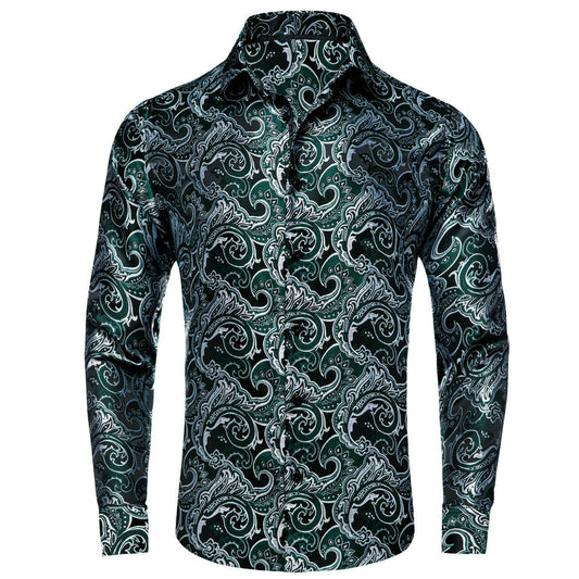 Sapphire Pine Green Silver Jacquard Floral Silk Dress Shirt shirt S   - Sophisticated Gentlemen