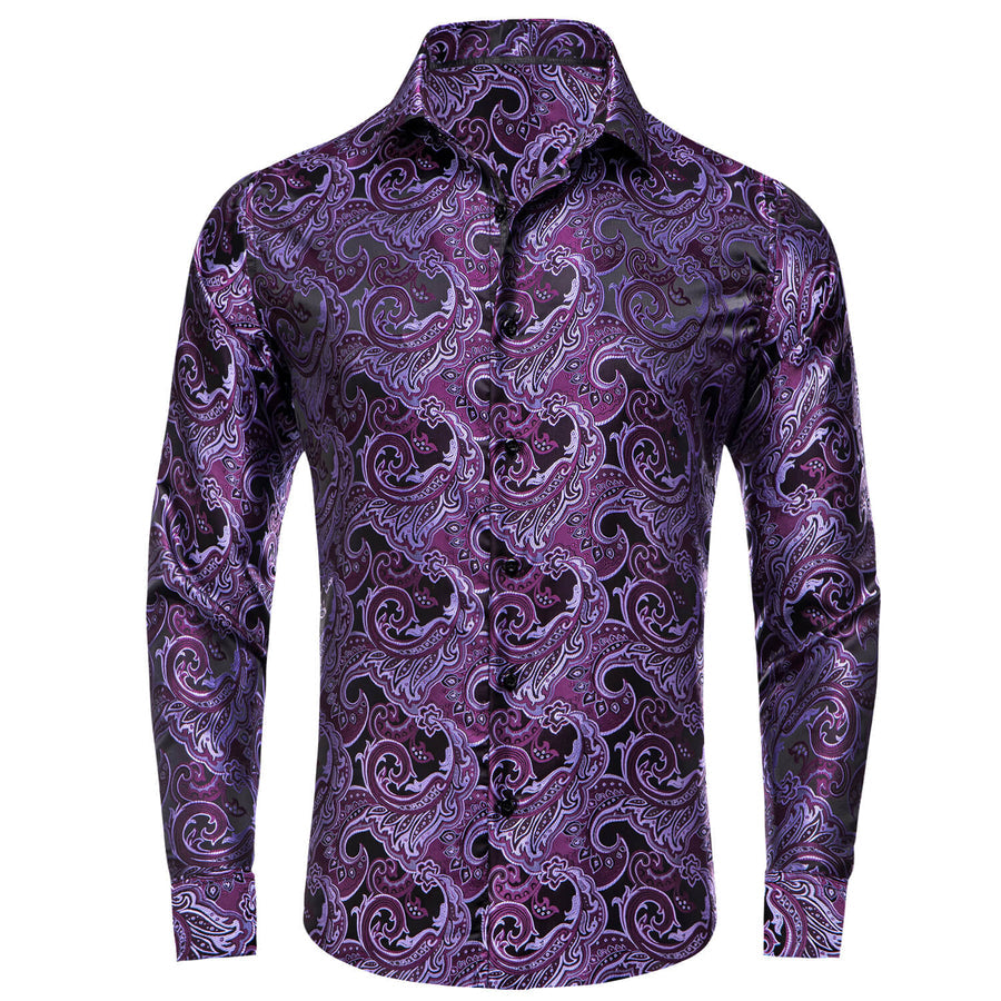 Plum Purple Floral Silk Dress Shirt shirt S   - Sophisticated Gentlemen