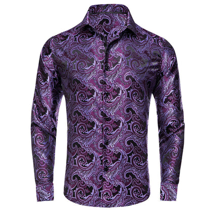Plum Purple Floral Silk Dress Shirt shirt S   - Sophisticated Gentlemen
