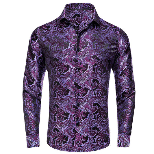 Plum Purple Floral Silk Dress Shirt shirt S   - Sophisticated Gentlemen