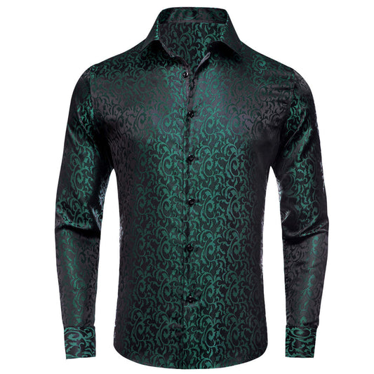 Dark Green Jacquard Floral Dress Shirt shirt S   - Sophisticated Gentlemen