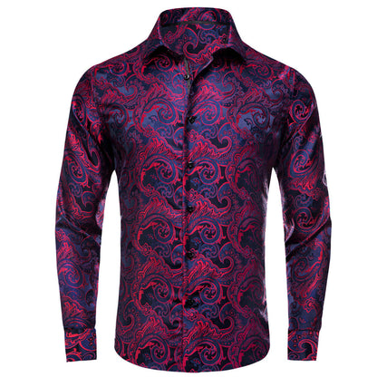 Navy Blue Red Jacquard Paisley Dress Shirt shirt S   - Sophisticated Gentlemen