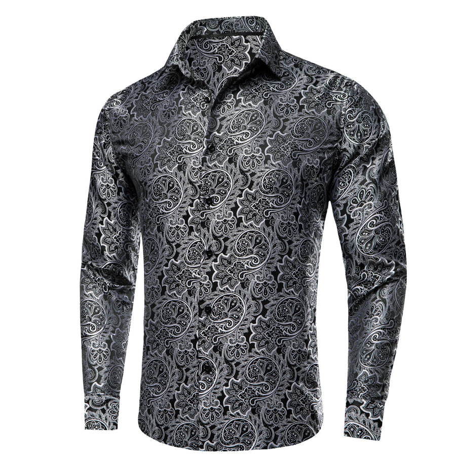 Black White Jacquard Floral Silk Dress Shirt shirt    - Sophisticated Gentlemen
