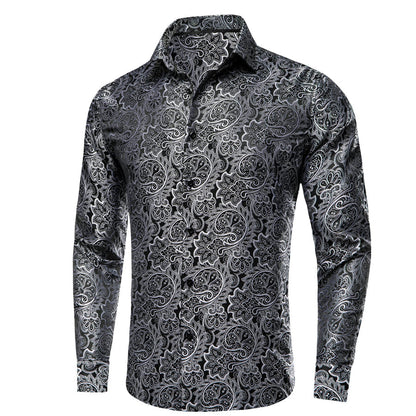Black White Jacquard Floral Silk Dress Shirt shirt    - Sophisticated Gentlemen