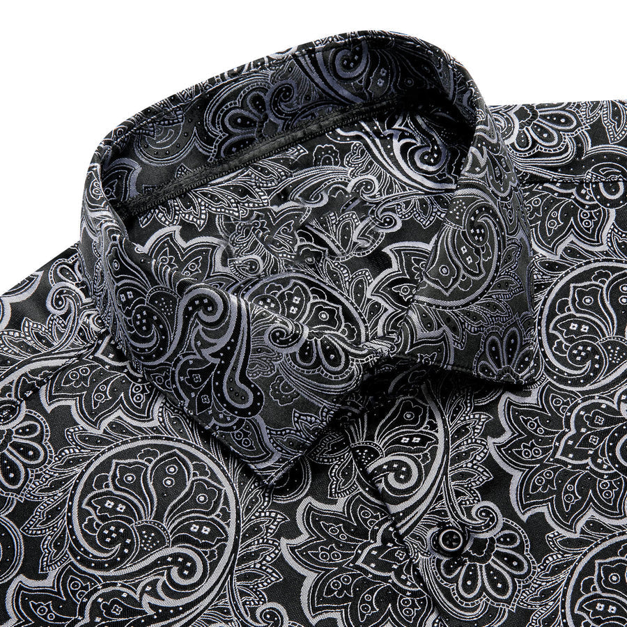 Black White Jacquard Floral Silk Dress Shirt shirt    - Sophisticated Gentlemen