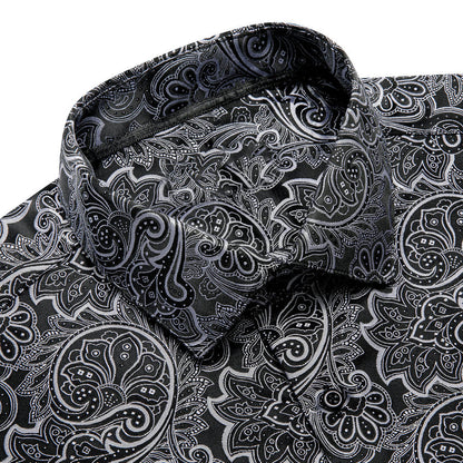 Black White Jacquard Floral Silk Dress Shirt shirt    - Sophisticated Gentlemen