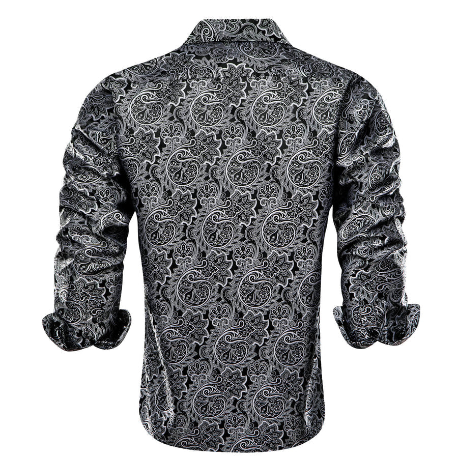 Black White Jacquard Floral Silk Dress Shirt shirt    - Sophisticated Gentlemen