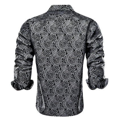 Black White Jacquard Floral Silk Dress Shirt shirt    - Sophisticated Gentlemen