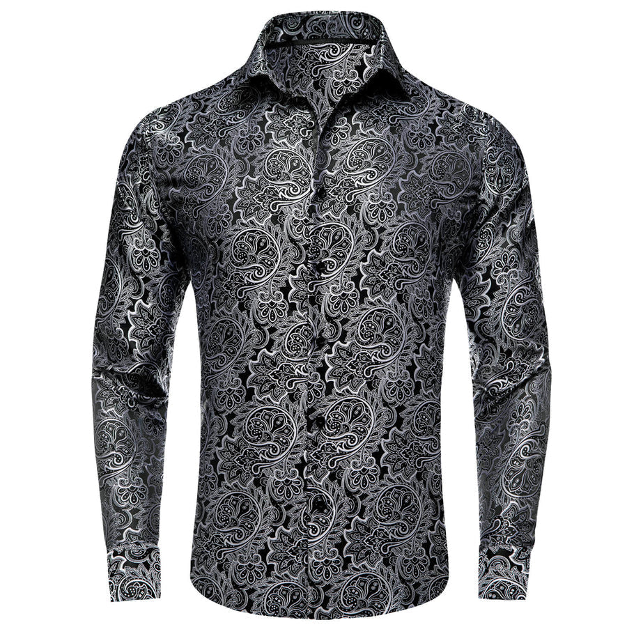 Black White Jacquard Floral Silk Dress Shirt shirt S   - Sophisticated Gentlemen