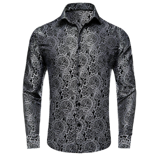 Black White Jacquard Floral Silk Dress Shirt shirt S   - Sophisticated Gentlemen