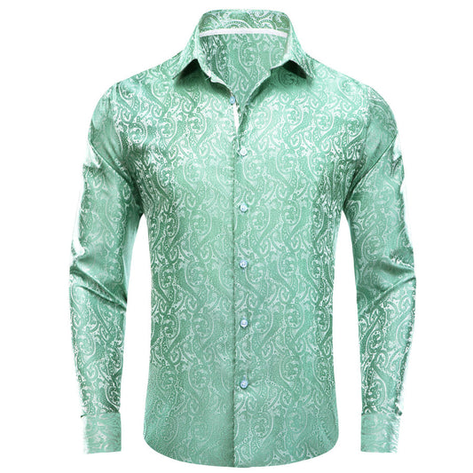 Mint Green Jacquard Floral Silk Dress Shirt shirt S   - Sophisticated Gentlemen