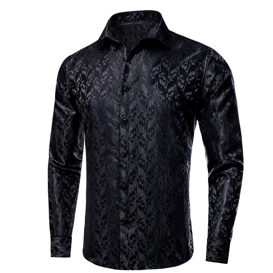 Black Jacquard Floral Silk Dress Shirt shirt    - Sophisticated Gentlemen