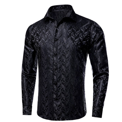 Black Jacquard Floral Silk Dress Shirt shirt    - Sophisticated Gentlemen