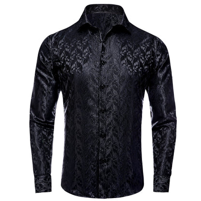 Black Jacquard Floral Silk Dress Shirt shirt S   - Sophisticated Gentlemen