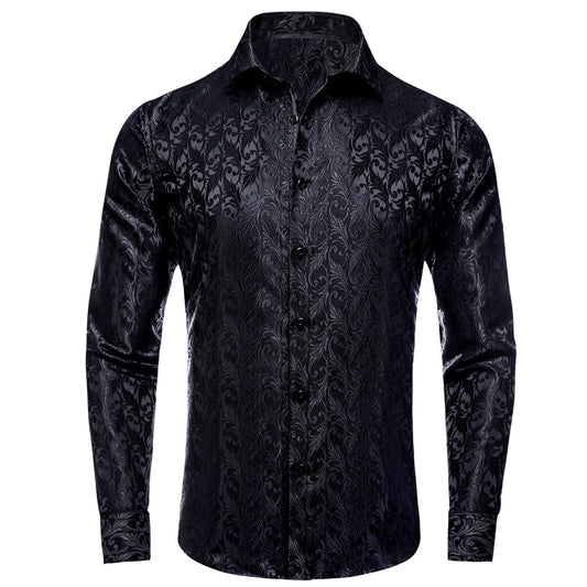 Black Jacquard Floral Silk Dress Shirt shirt S   - Sophisticated Gentlemen