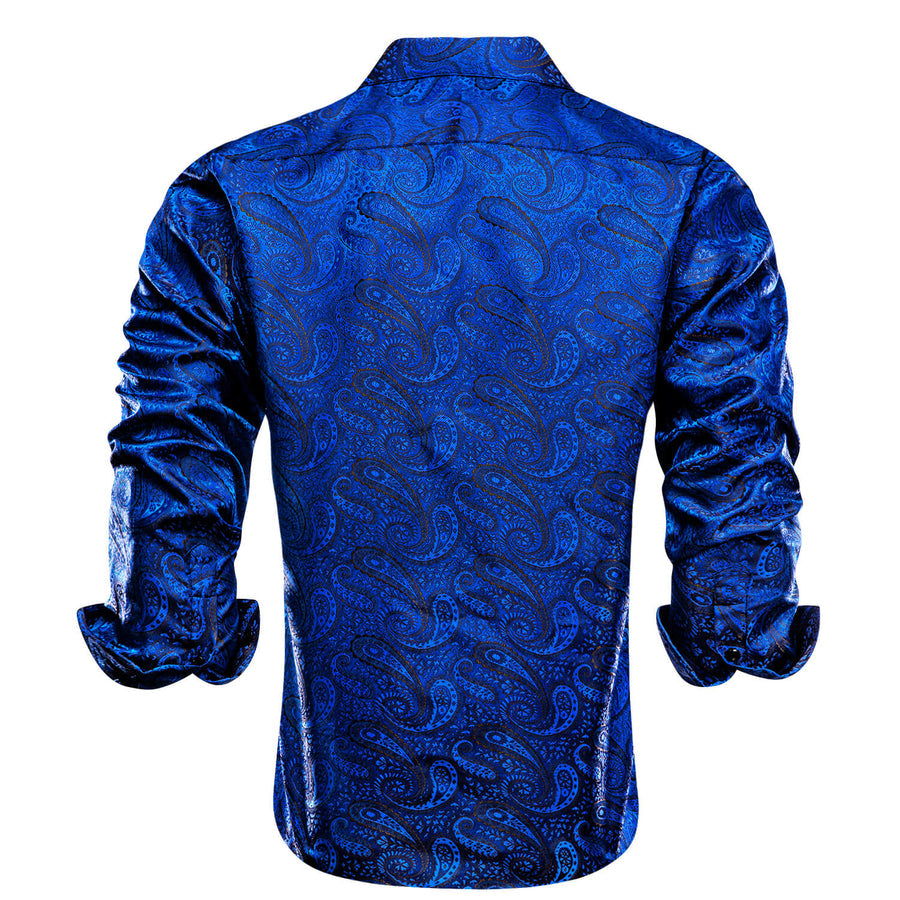 Cobalt Blue Jacquard Woven Paisley Silk Dress Shirt shirt    - Sophisticated Gentlemen