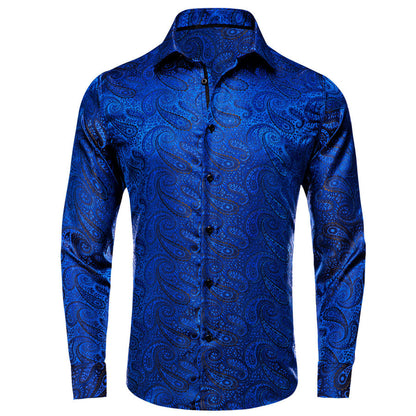 Cobalt Blue Jacquard Woven Paisley Silk Dress Shirt shirt S   - Sophisticated Gentlemen