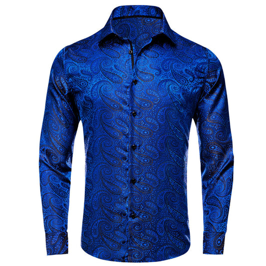 Cobalt Blue Jacquard Woven Paisley Silk Dress Shirt shirt S   - Sophisticated Gentlemen