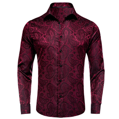 Dark Red Jacquard Paisley Silk Dress Shirt shirt S   - Sophisticated Gentlemen
