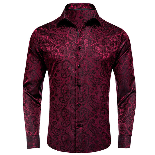 Dark Red Jacquard Paisley Silk Dress Shirt shirt S   - Sophisticated Gentlemen