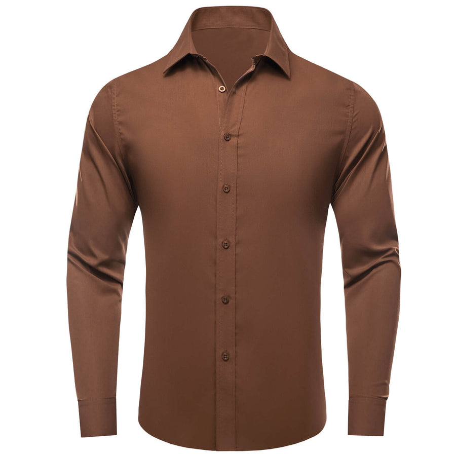 Saddle Brown Solid Silk Dress Shirt shirt S   - Sophisticated Gentlemen