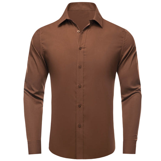 Saddle Brown Solid Silk Dress Shirt shirt S   - Sophisticated Gentlemen