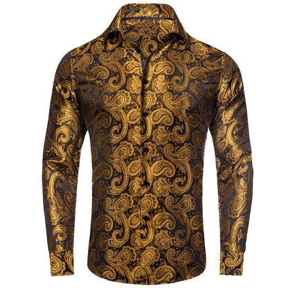 Gold Black Paisley Silk Dress Shirt shirt S   - Sophisticated Gentlemen