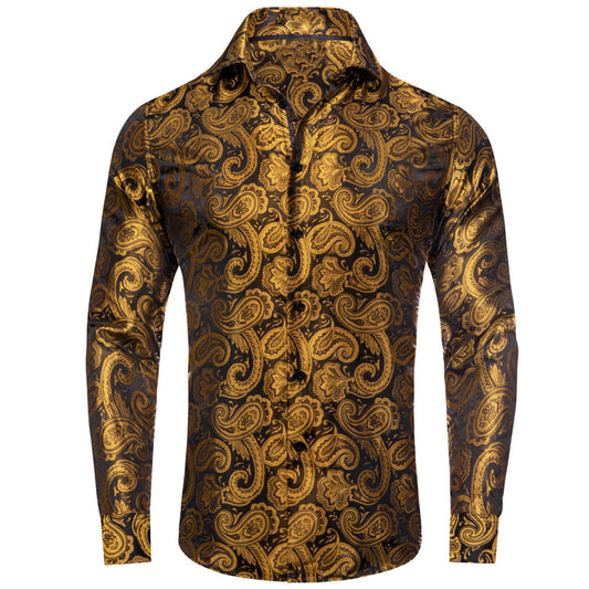 Gold Black Paisley Silk Dress Shirt shirt S   - Sophisticated Gentlemen