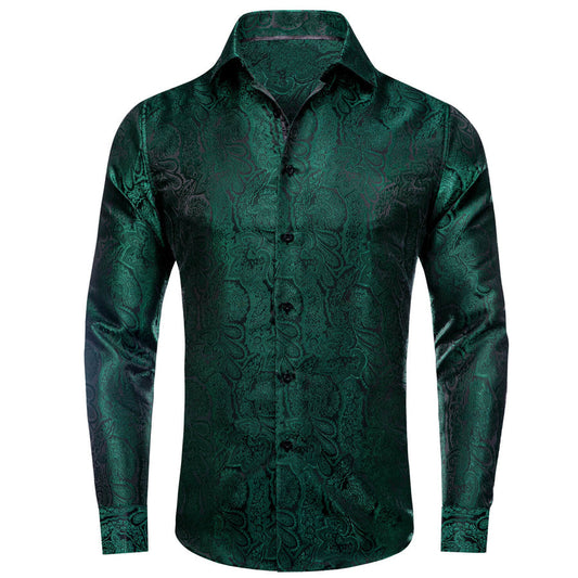 Sapphire Pine Green Floral Men's Silk Dress Shirt shirt S   - Sophisticated Gentlemen