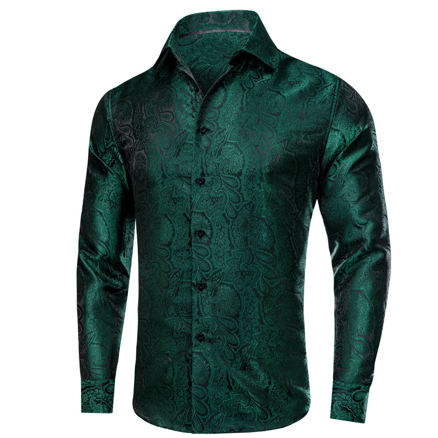 Sapphire Pine Green Floral Men's Silk Dress Shirt shirt    - Sophisticated Gentlemen