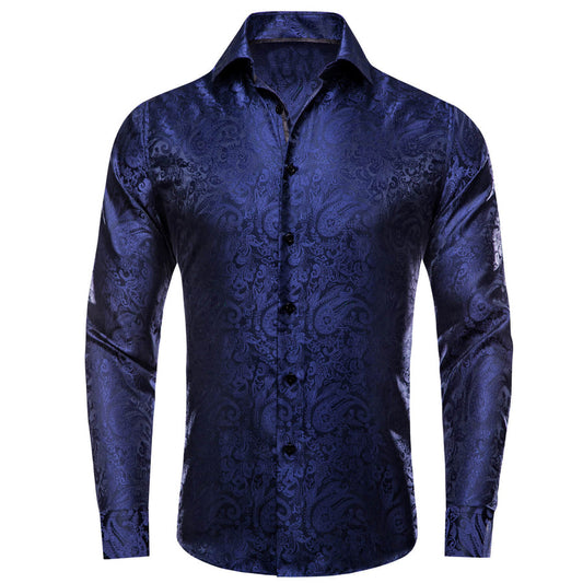Navy Blue Paisley Silk Dress Shirt shirt S   - Sophisticated Gentlemen
