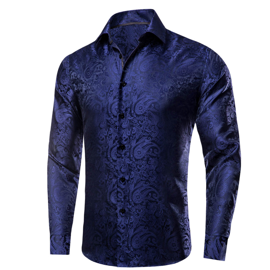 Navy Blue Paisley Silk Dress Shirt shirt    - Sophisticated Gentlemen