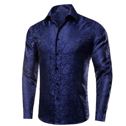 Navy Blue Paisley Silk Dress Shirt shirt    - Sophisticated Gentlemen