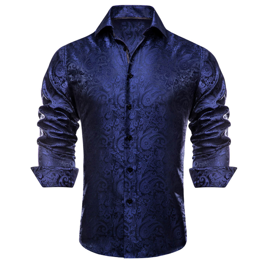 Navy Blue Paisley Silk Dress Shirt shirt    - Sophisticated Gentlemen